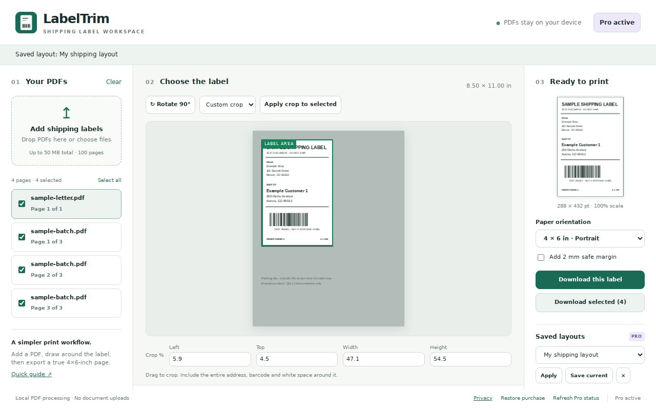 Four selected pages from two PDFs ready to export together, with a saved layout applied