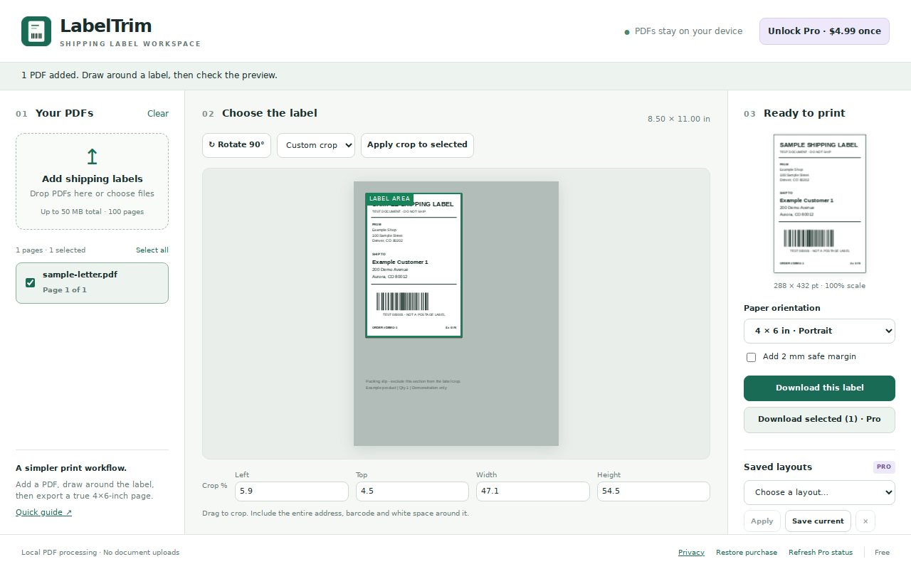 LabelTrim workspace: PDFs on the left, the label being cropped in the middle, and a 4×6 print preview on the right