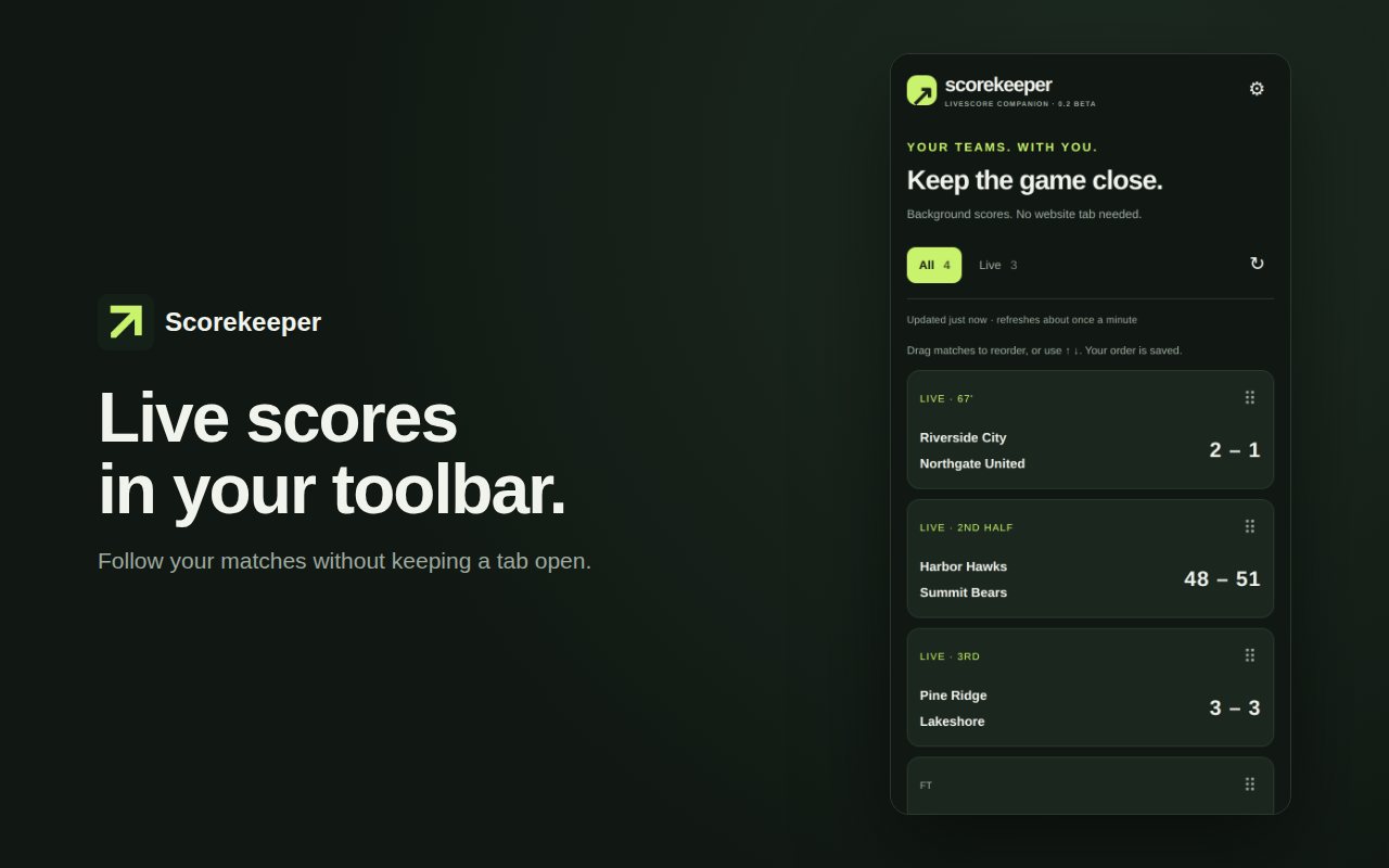 The Scorekeeper side panel listing followed matches with live scores
